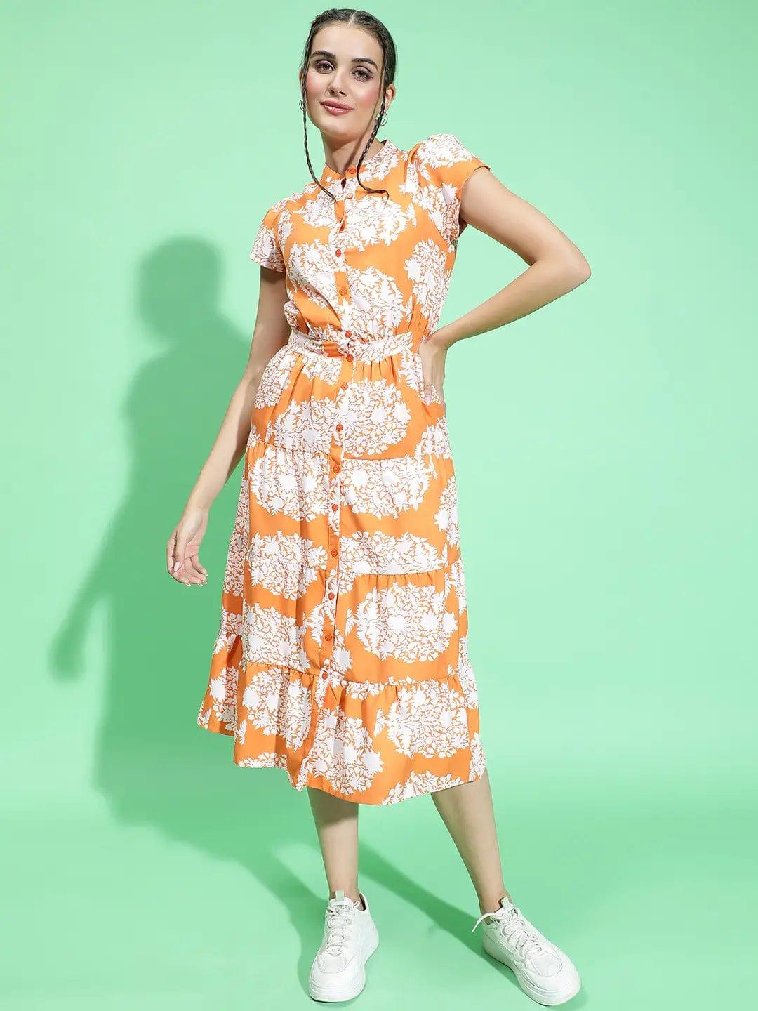 Orange Tropical Print Button Down Detail Women Dress