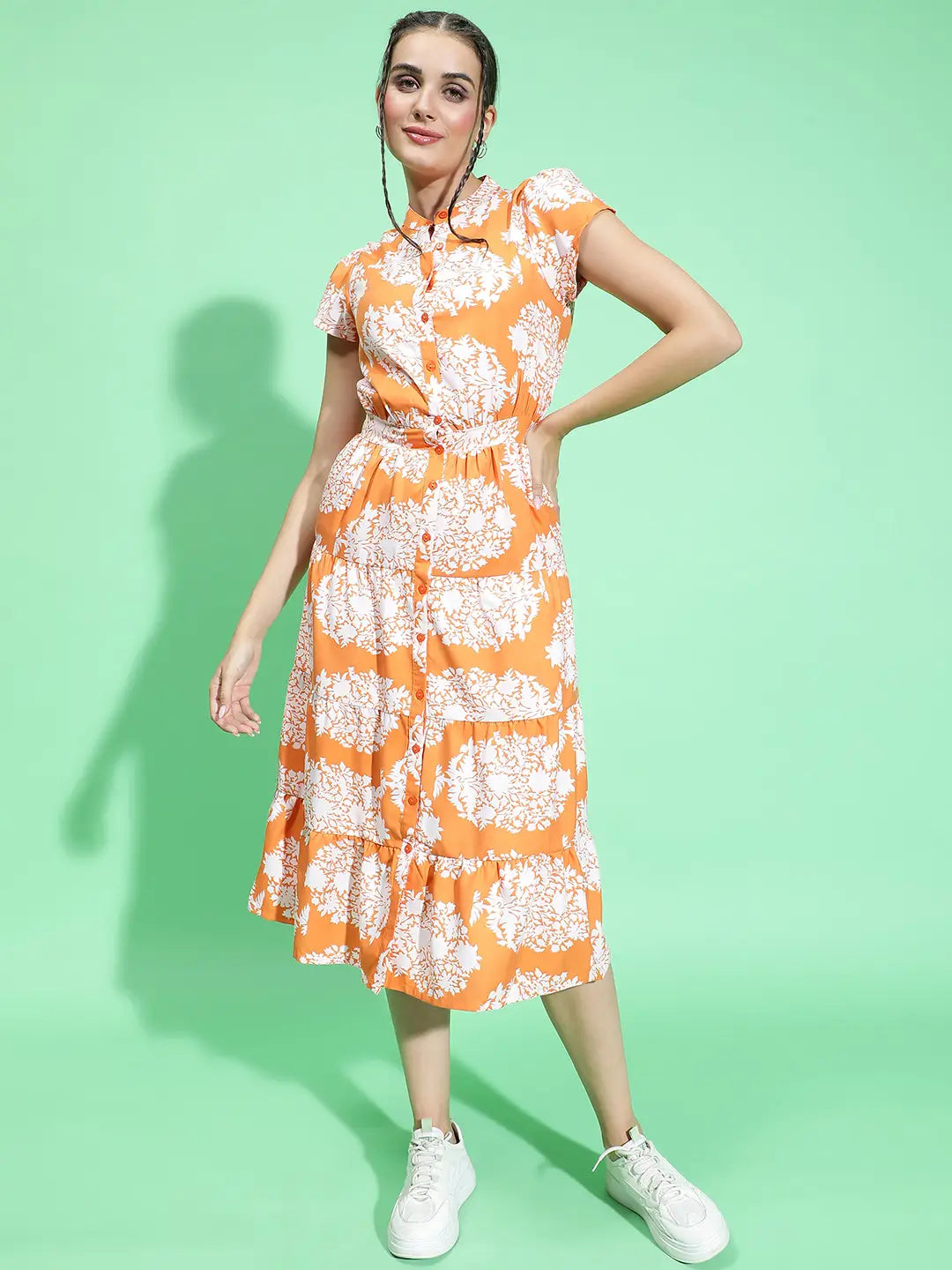 Orange Tropical Print Button Down Detail Dress