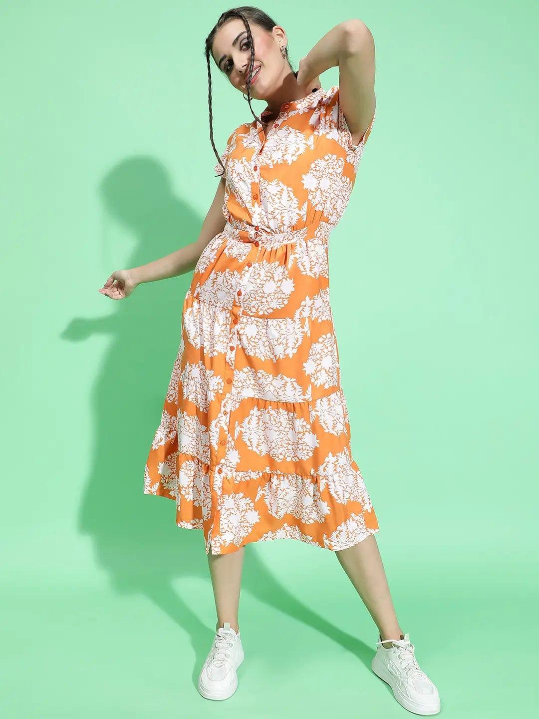 Orange Tropical Print Button Down Detail Women Dress