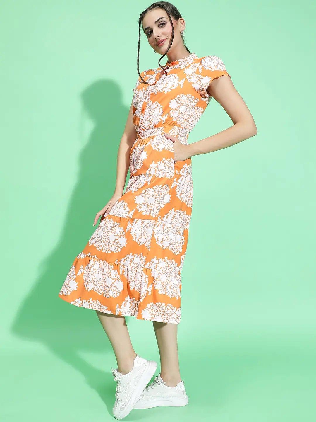 Orange Tropical Print Button Down Detail Women Dress