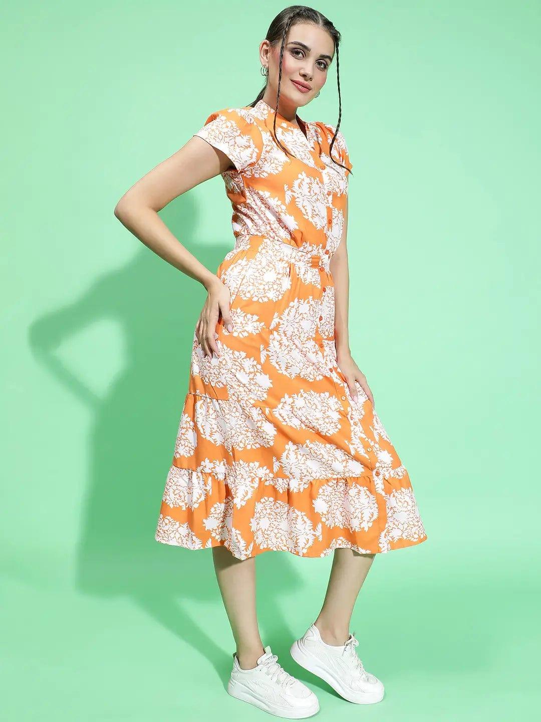 Orange Tropical Print Button Down Detail Women Dress