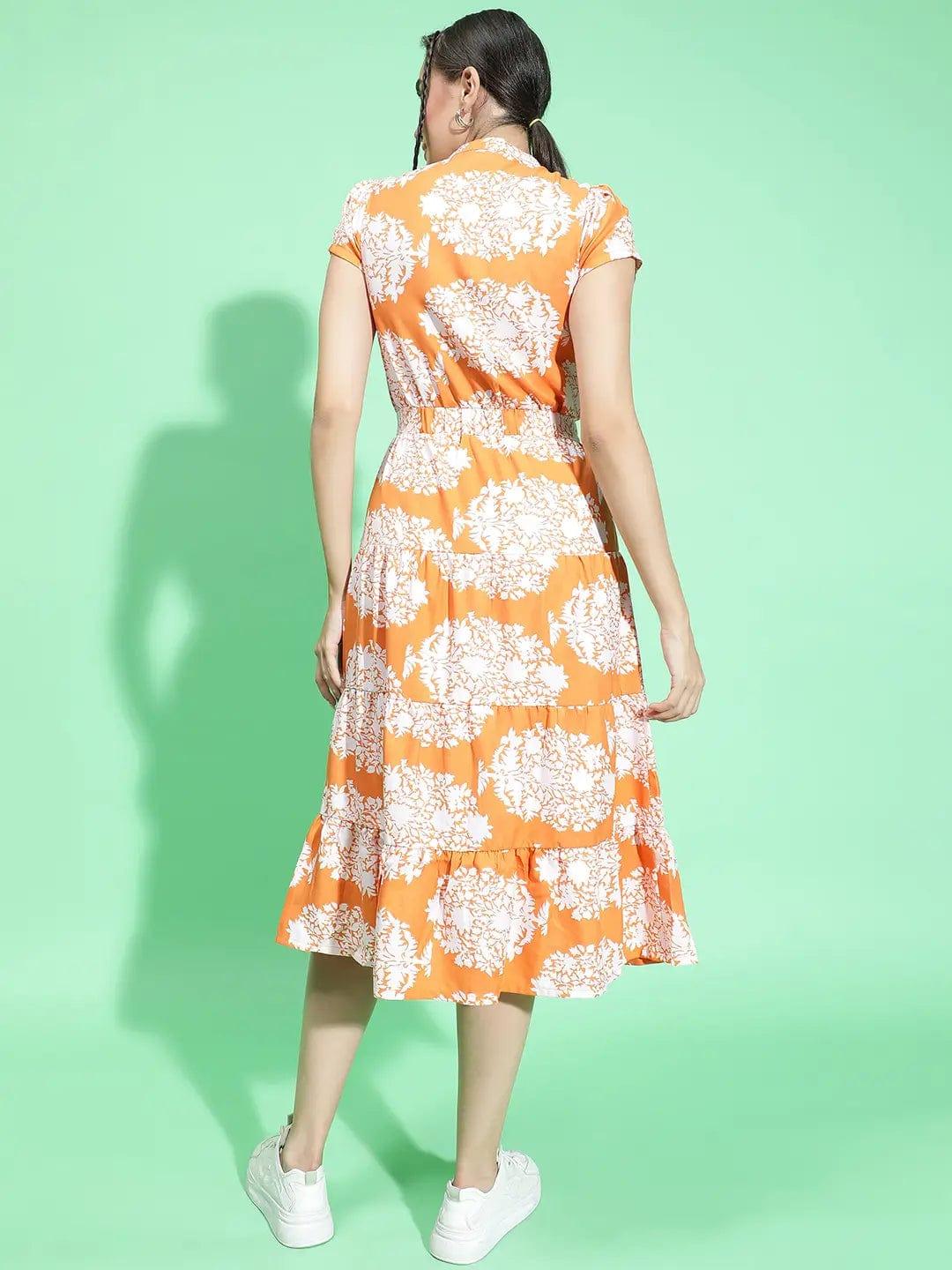 Orange Tropical Print Button Down Detail Women Dress