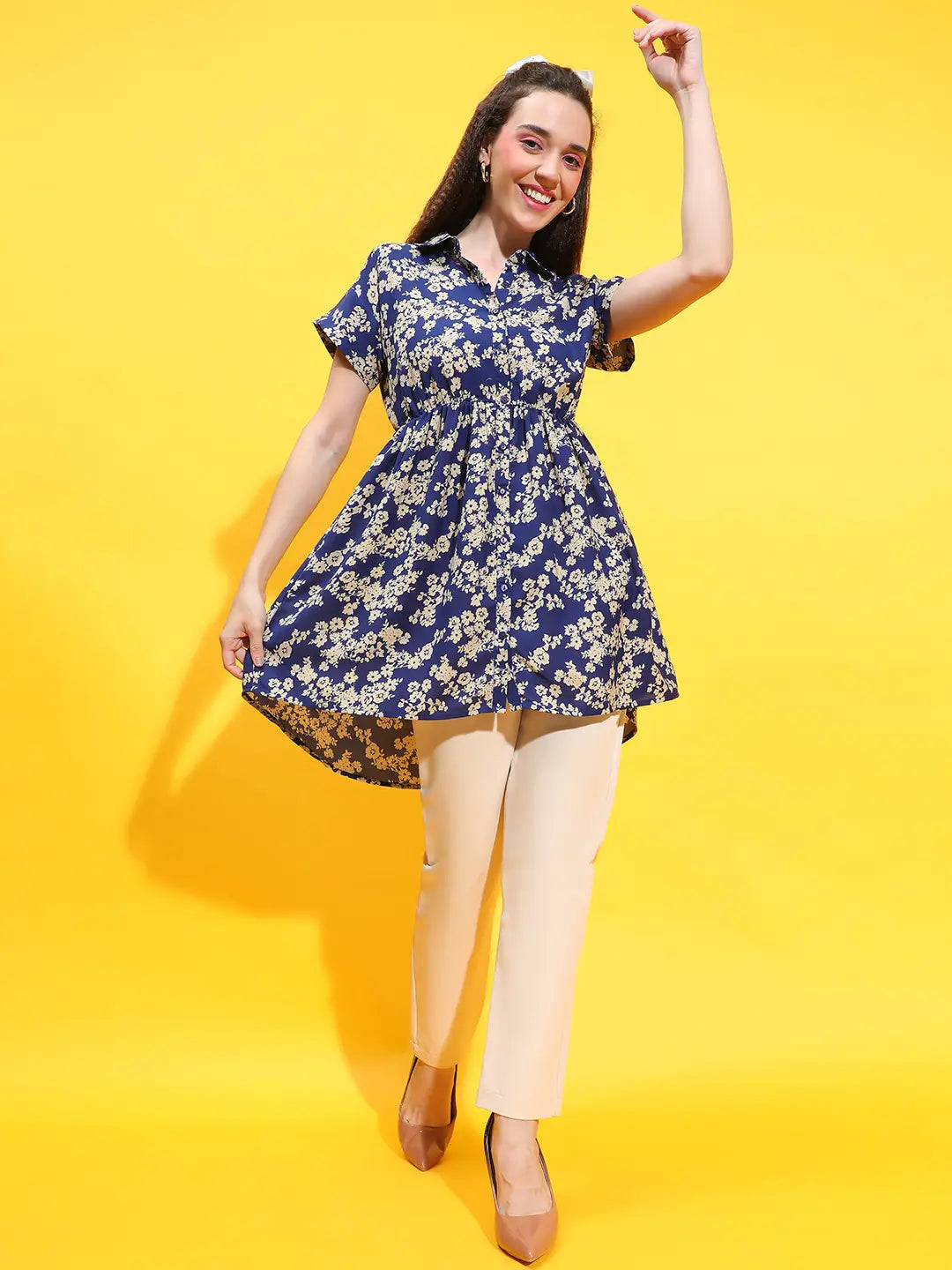 Blue Color Floral Print Collared Elasticated Tunic For Women