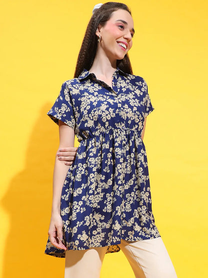 Blue Color Floral Print Collared Elasticated Tunic For Women