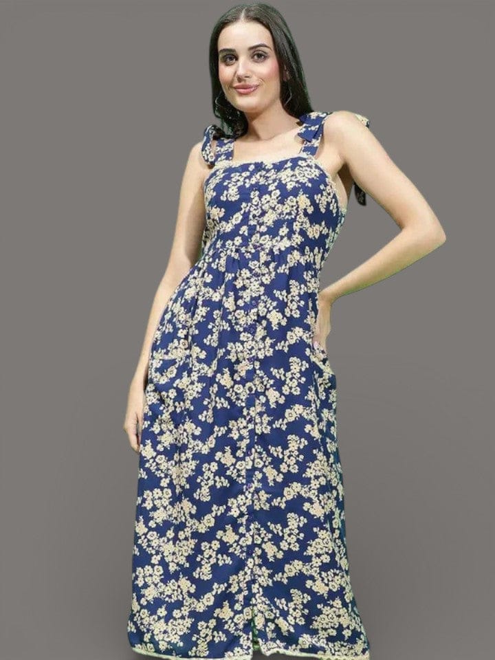 Blue Floral Dress - Sleeveless Summer Dress With Tie Knot Strap & Button Down Detail