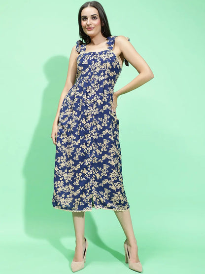 Blue Sleeveless Floral Print Shoulder Strap Dress