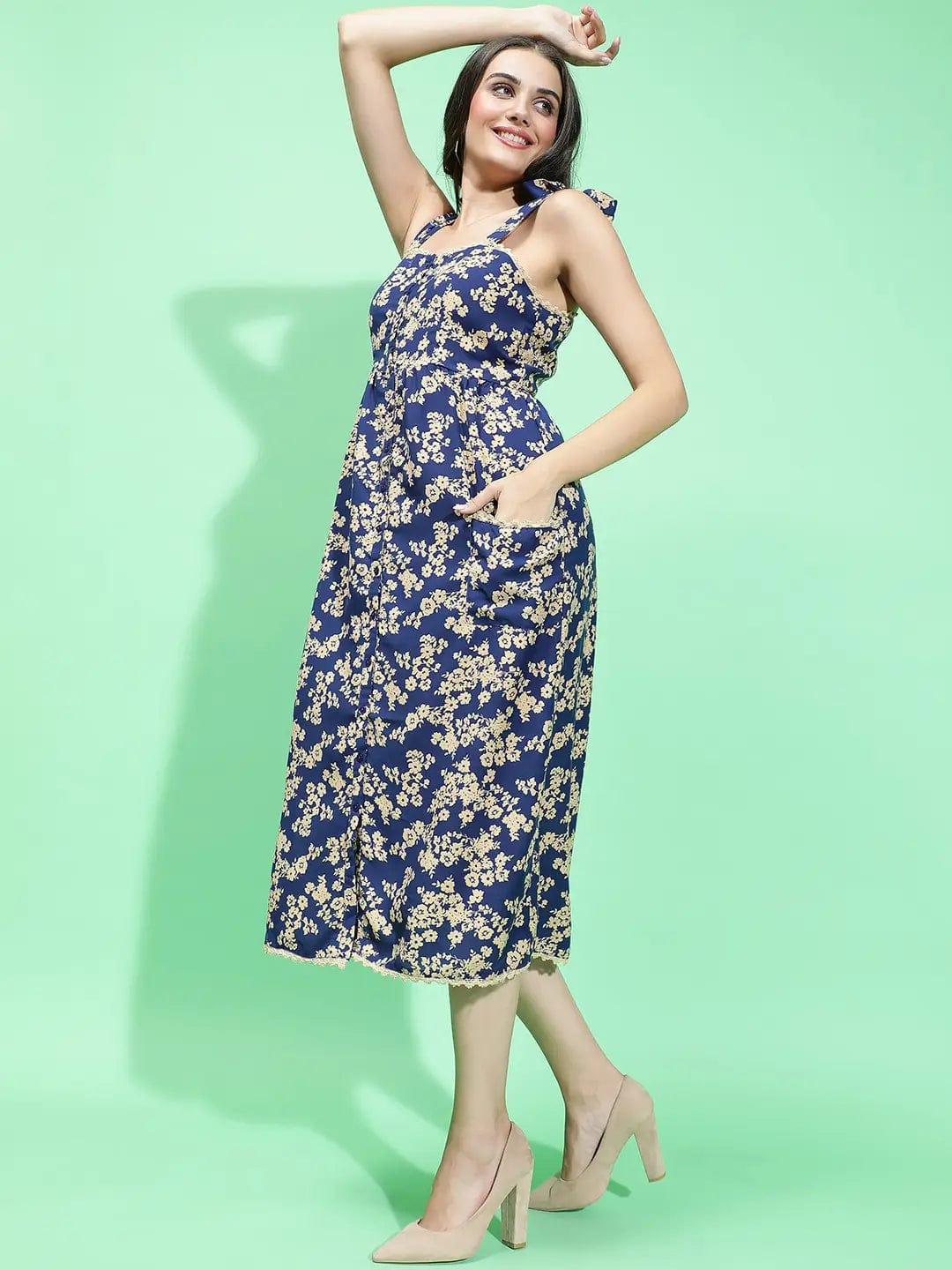 Blue Sleeveless Floral Print Shoulder Strap Women Dress