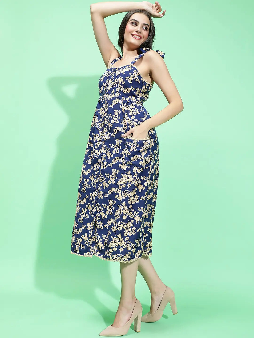 Blue Sleeveless Floral Print Shoulder Strap Dress