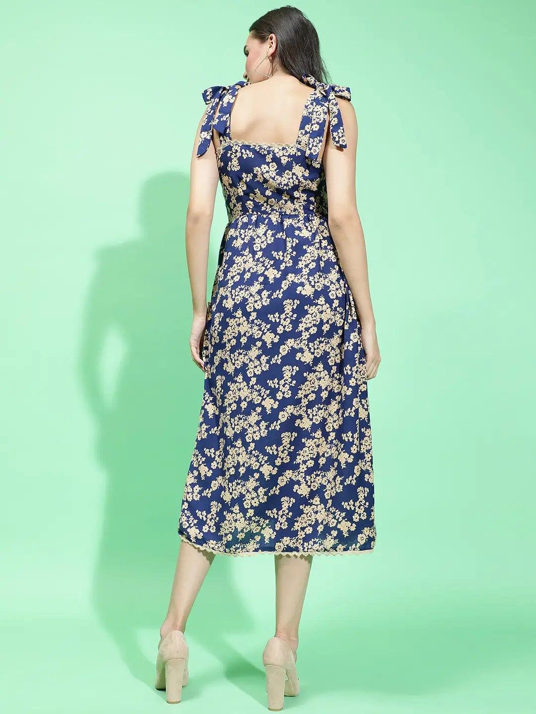 Blue Sleeveless Floral Print Shoulder Strap Women Dress