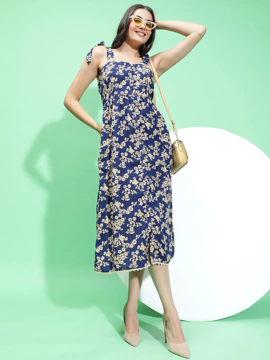 Blue Sleeveless Floral Print Shoulder Strap Women Dress