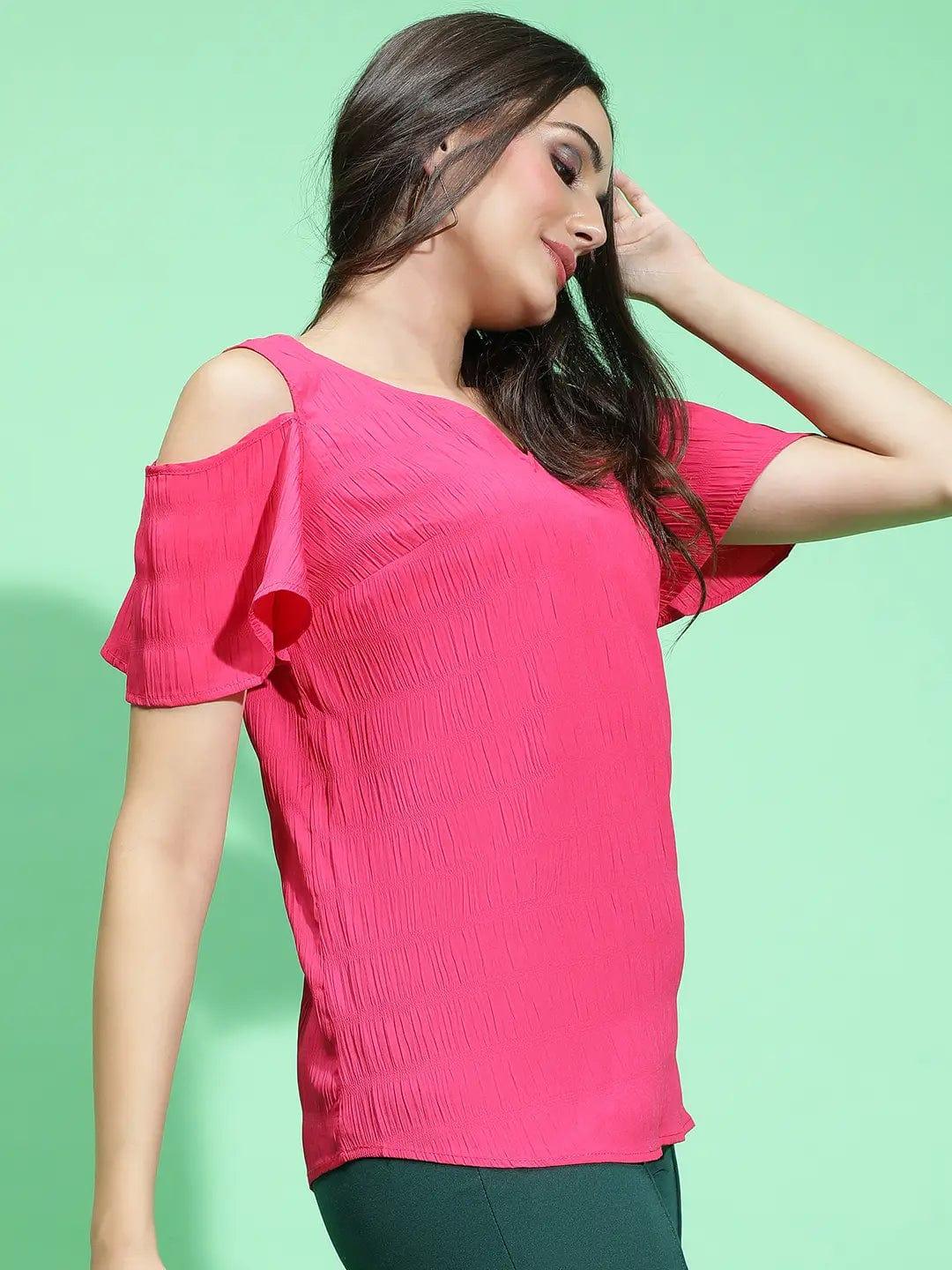 Berry Pink Color V-Neck Textured Cold Shoulder Women Top Today