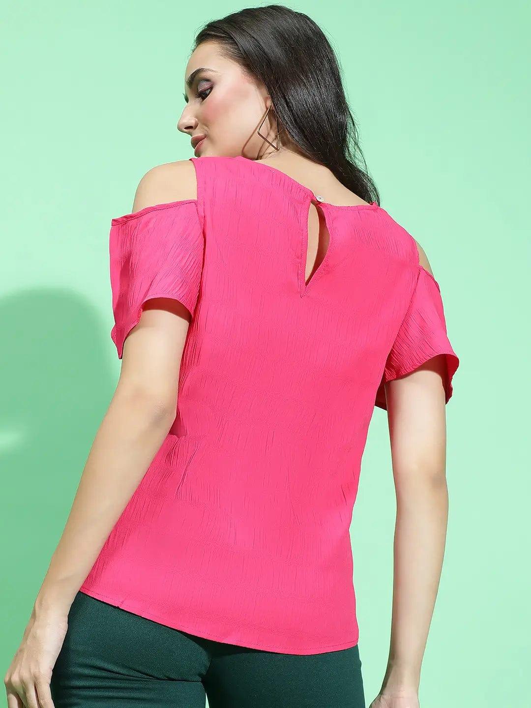 Berry Pink Color V-Neck Textured Cold Shoulder Women Top Today