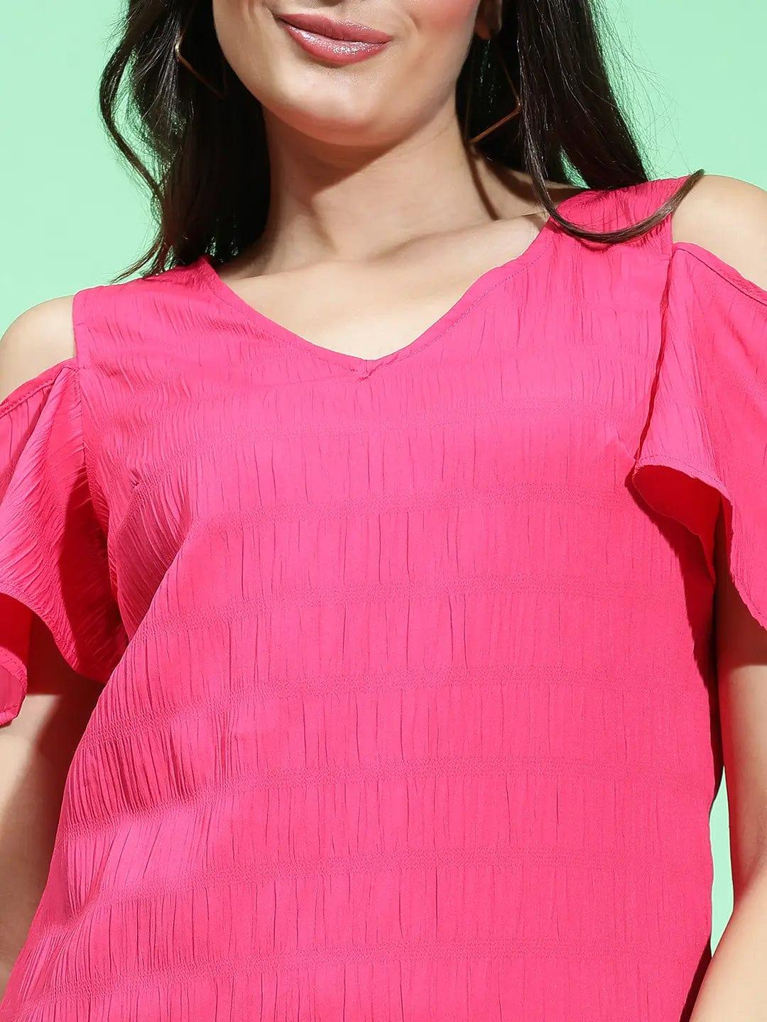 Berry Pink Color V-Neck Textured Cold Shoulder Women Top Today