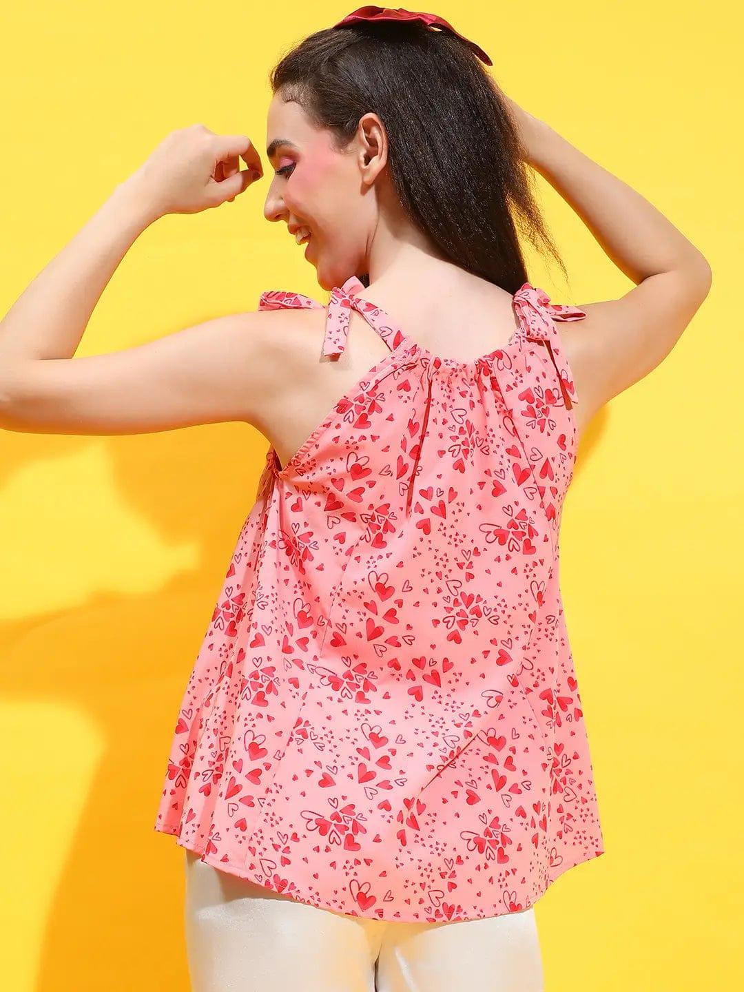 Pink Floral Print Shoulder Strap Tie-Knot Detail Nightwear Women Top