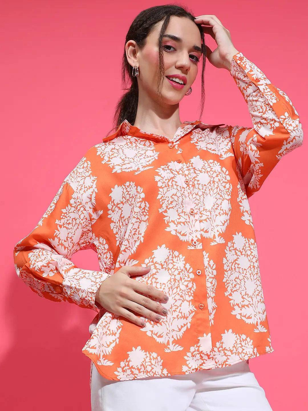 Jell Orange Tropical Print Collared Button Down Long Sleeve Shirt