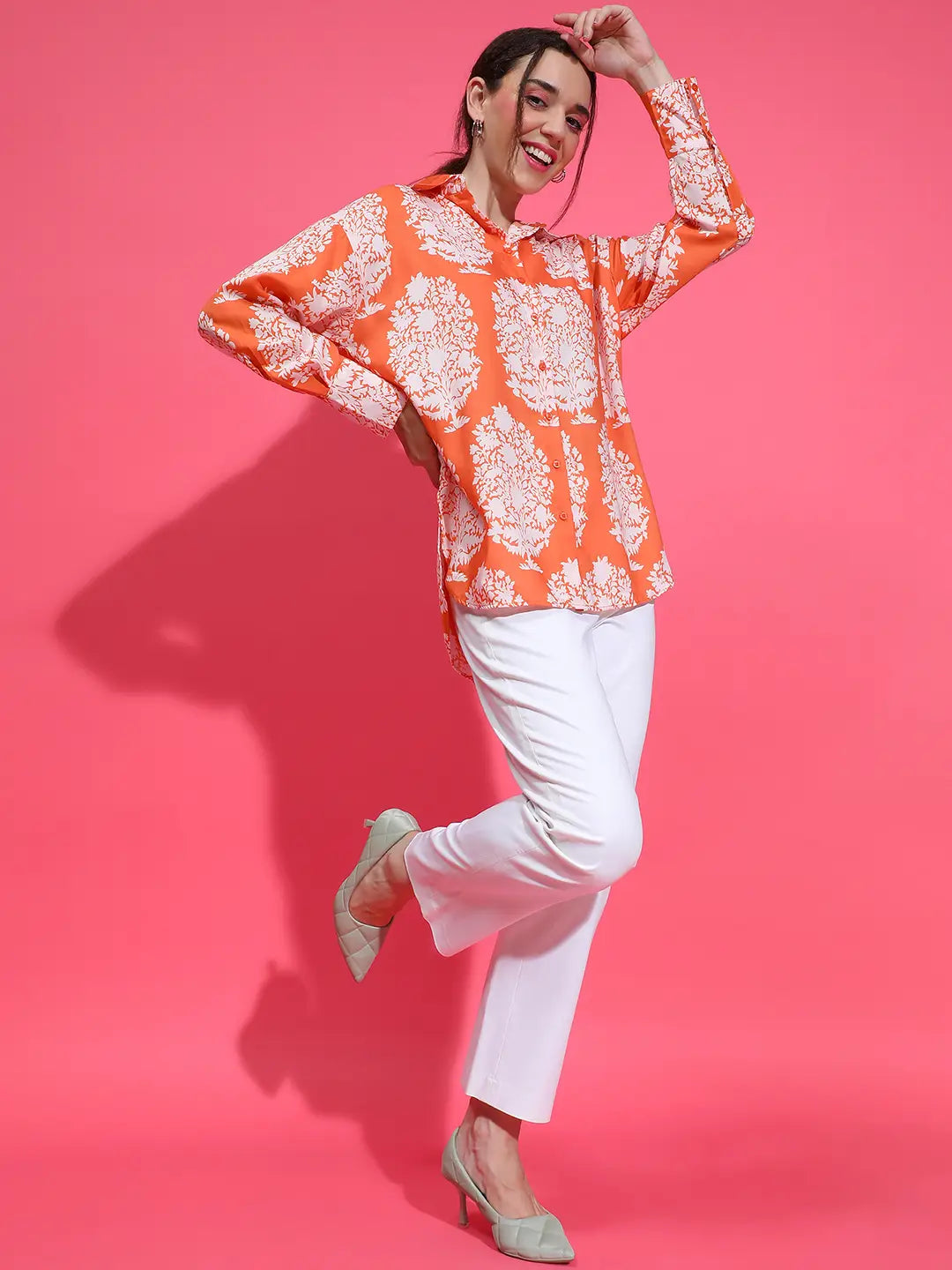 Jell Orange Tropical Print Collared Button Down Long Sleeve Shirt