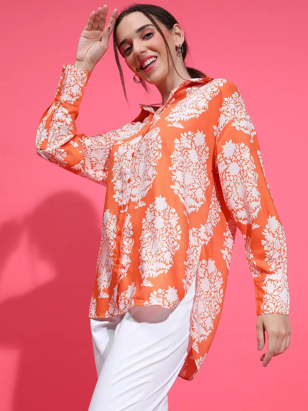 Jell Orange Tropical Print Collared Button Down Long Sleeve Shirt