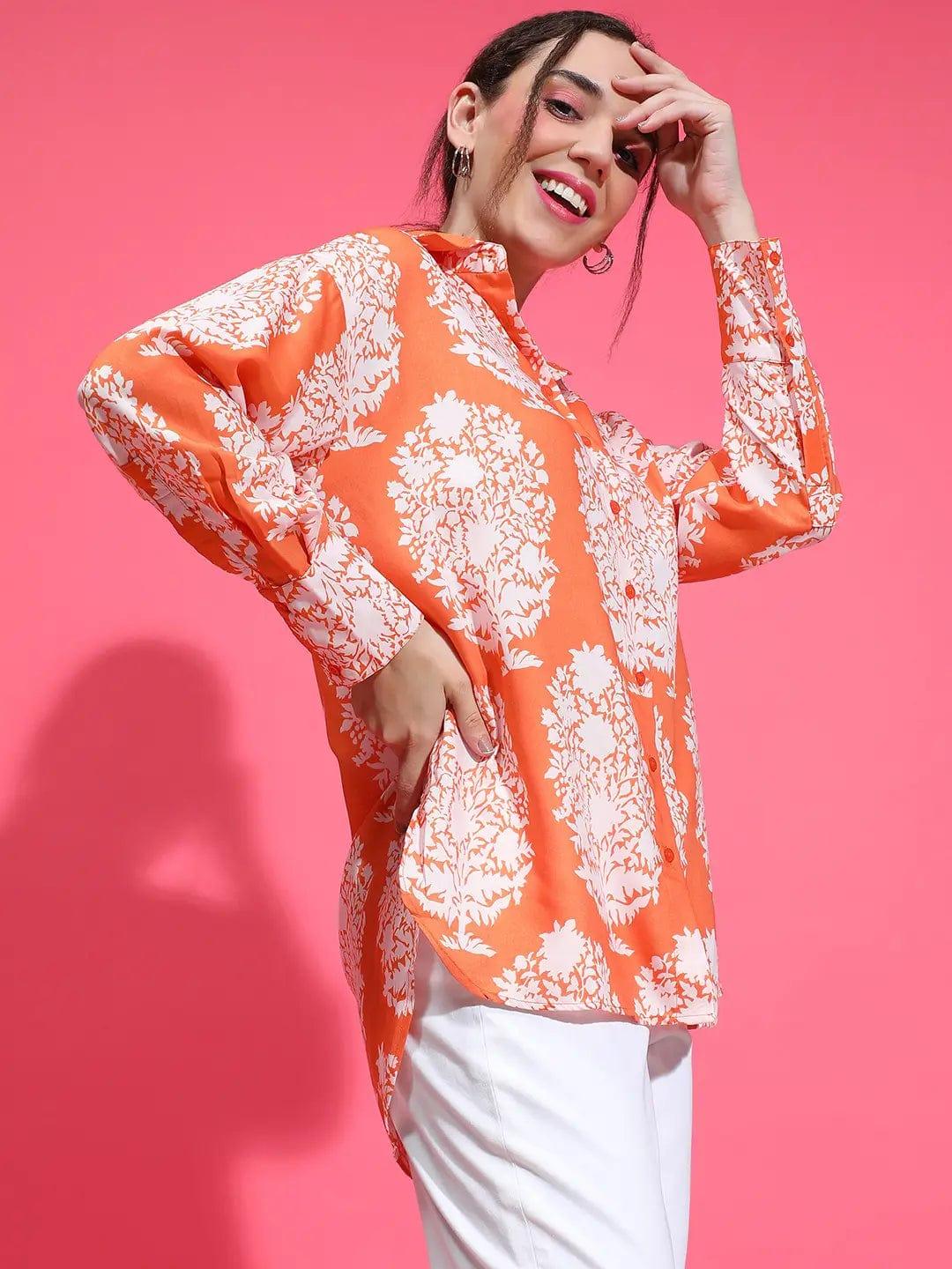 Jell Orange Tropical Print Collared Button Down Long Sleeve Shirt