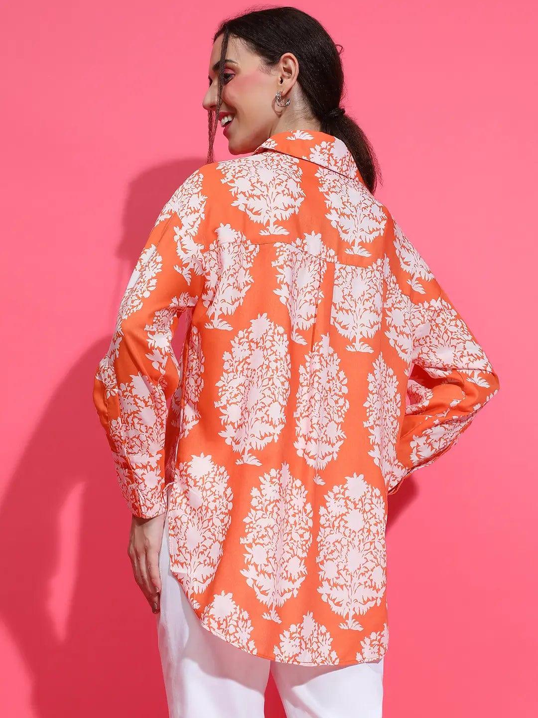 Jell Orange Tropical Print Collared Button Down Long Sleeve Shirt