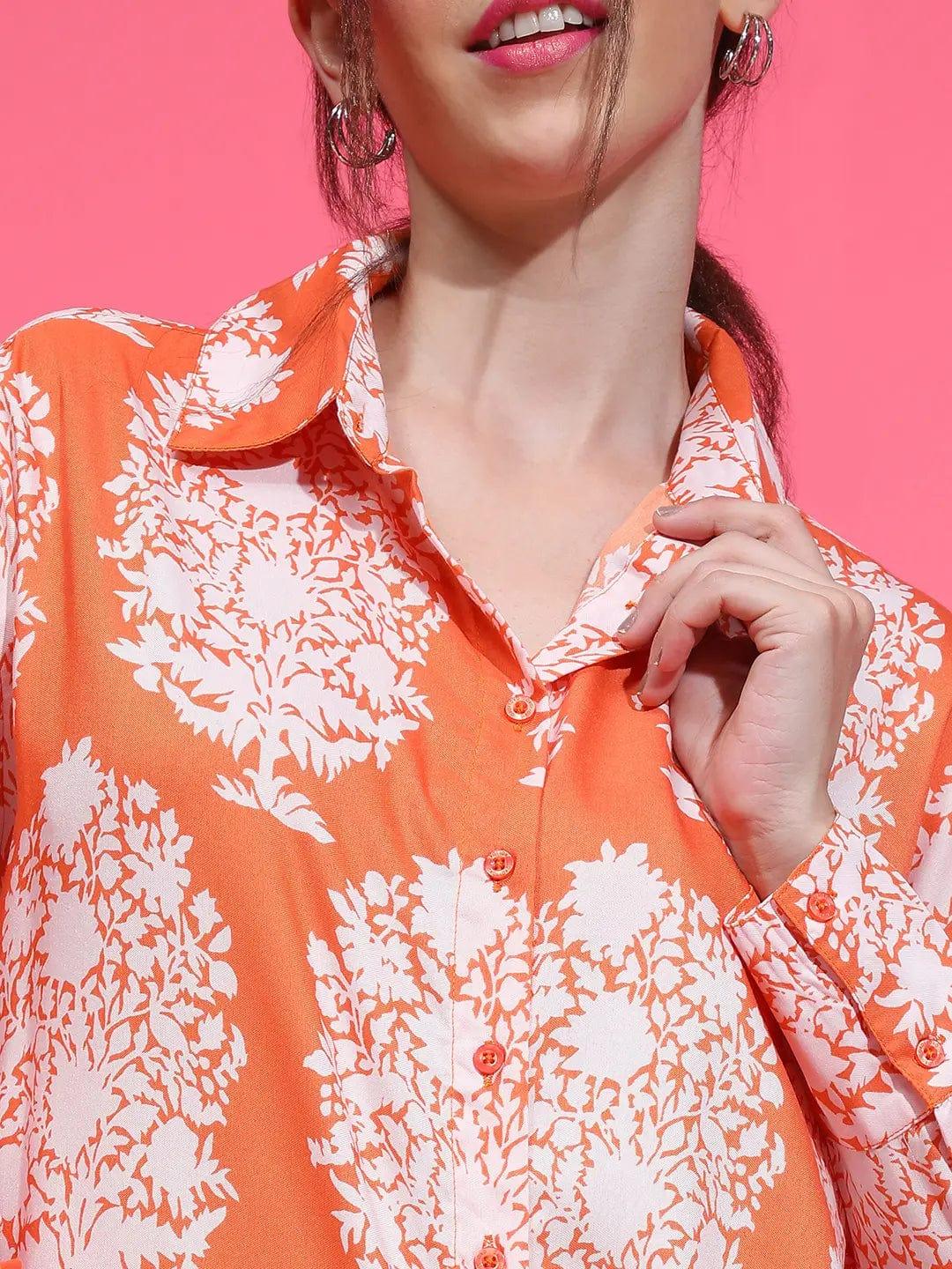 Jell Orange Tropical Print Collared Button Down Long Sleeve Shirt