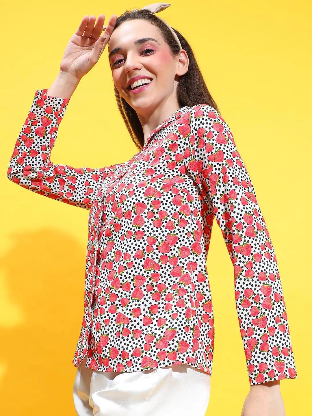 Electric Red Floral Print Long Sleeve Collared Nightwear Relaxed Shirts