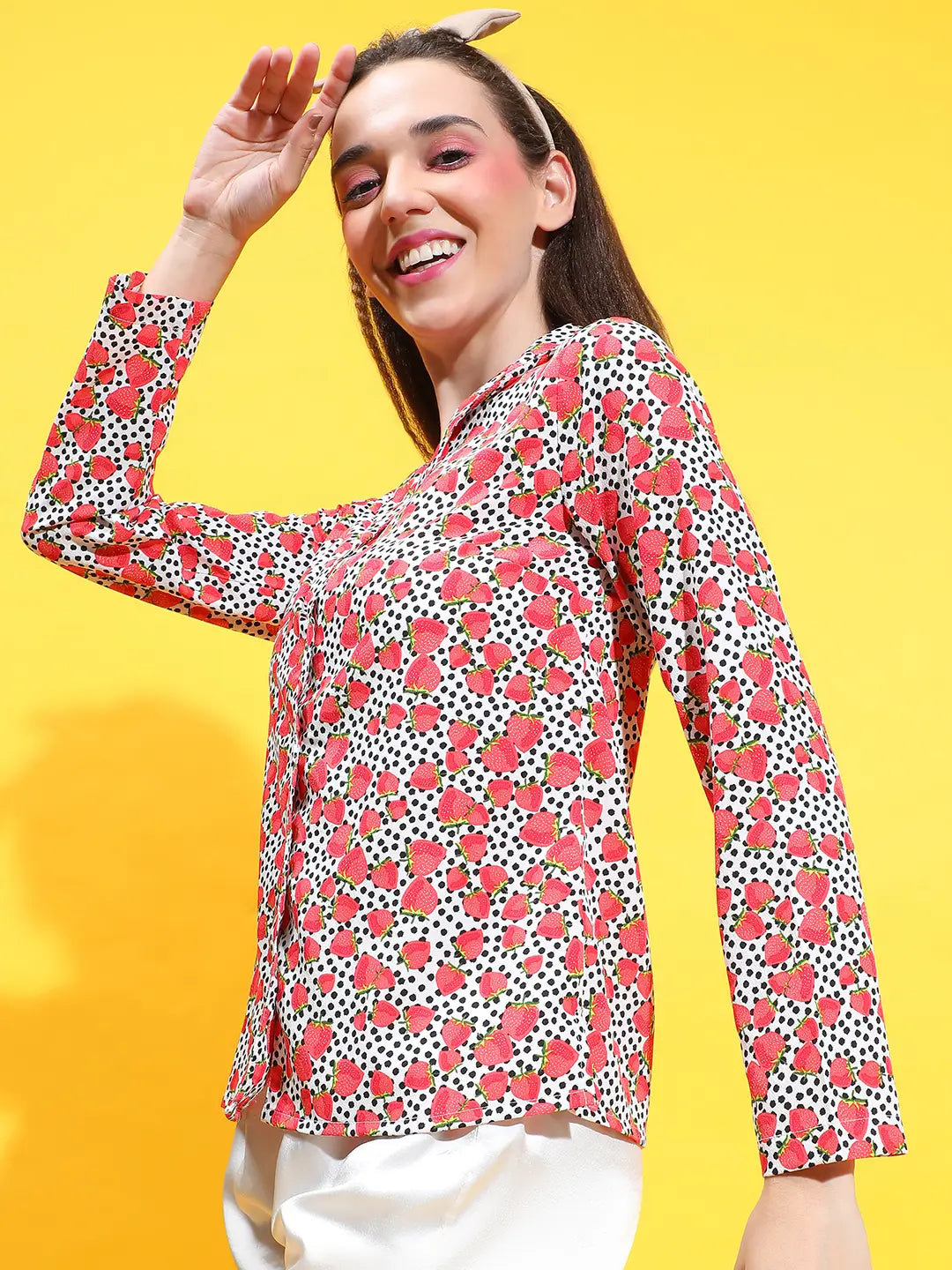 Electric Red Floral Print Long Sleeve Collared Nightwear Shirt