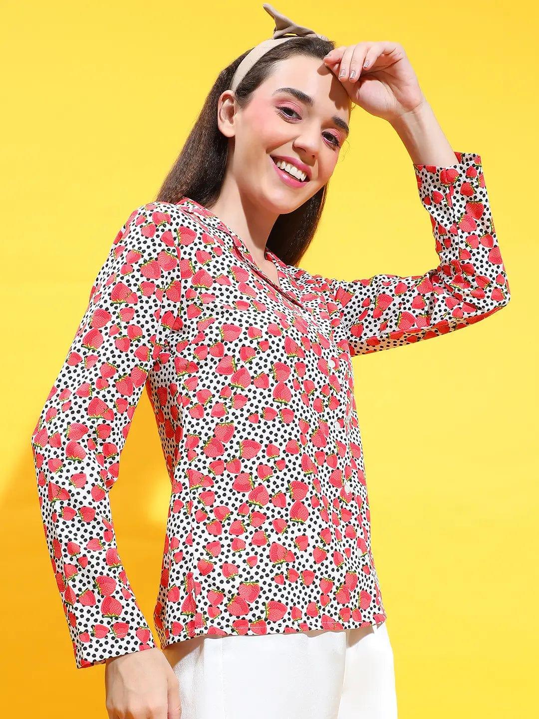 Electric Red Floral Print Long Sleeve Collared Nightwear Relaxed Shirts