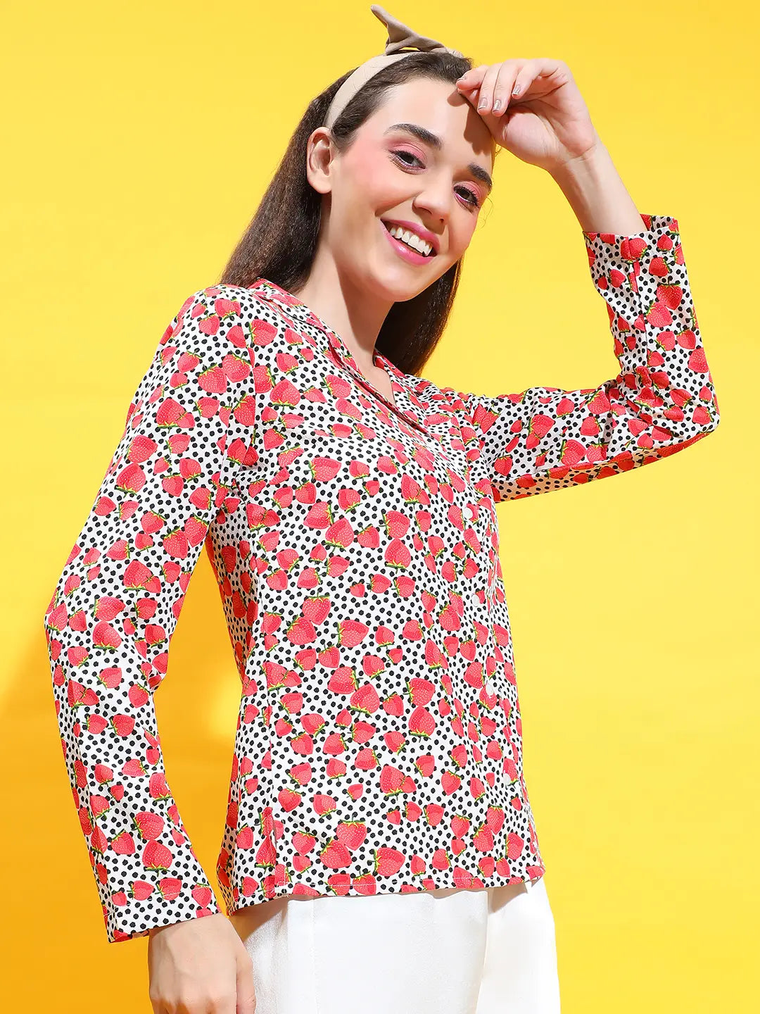 Electric Red Floral Print Long Sleeve Collared Nightwear Shirt