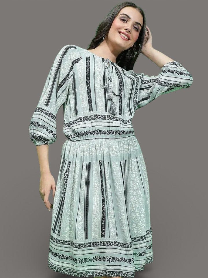 Grey Printed Dress - Long Sleeve Elasticated Waist Women's Casual Viscose Dress