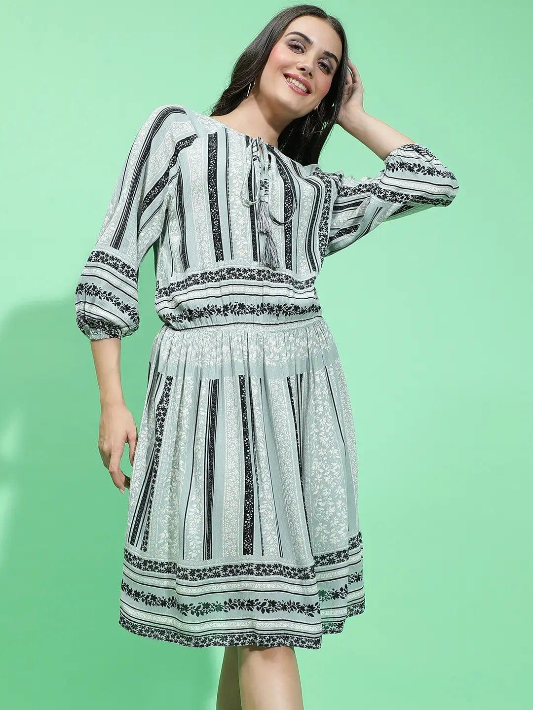 Enrage Grey Printed Long Sleeve Elasticated Dress For Women Dress