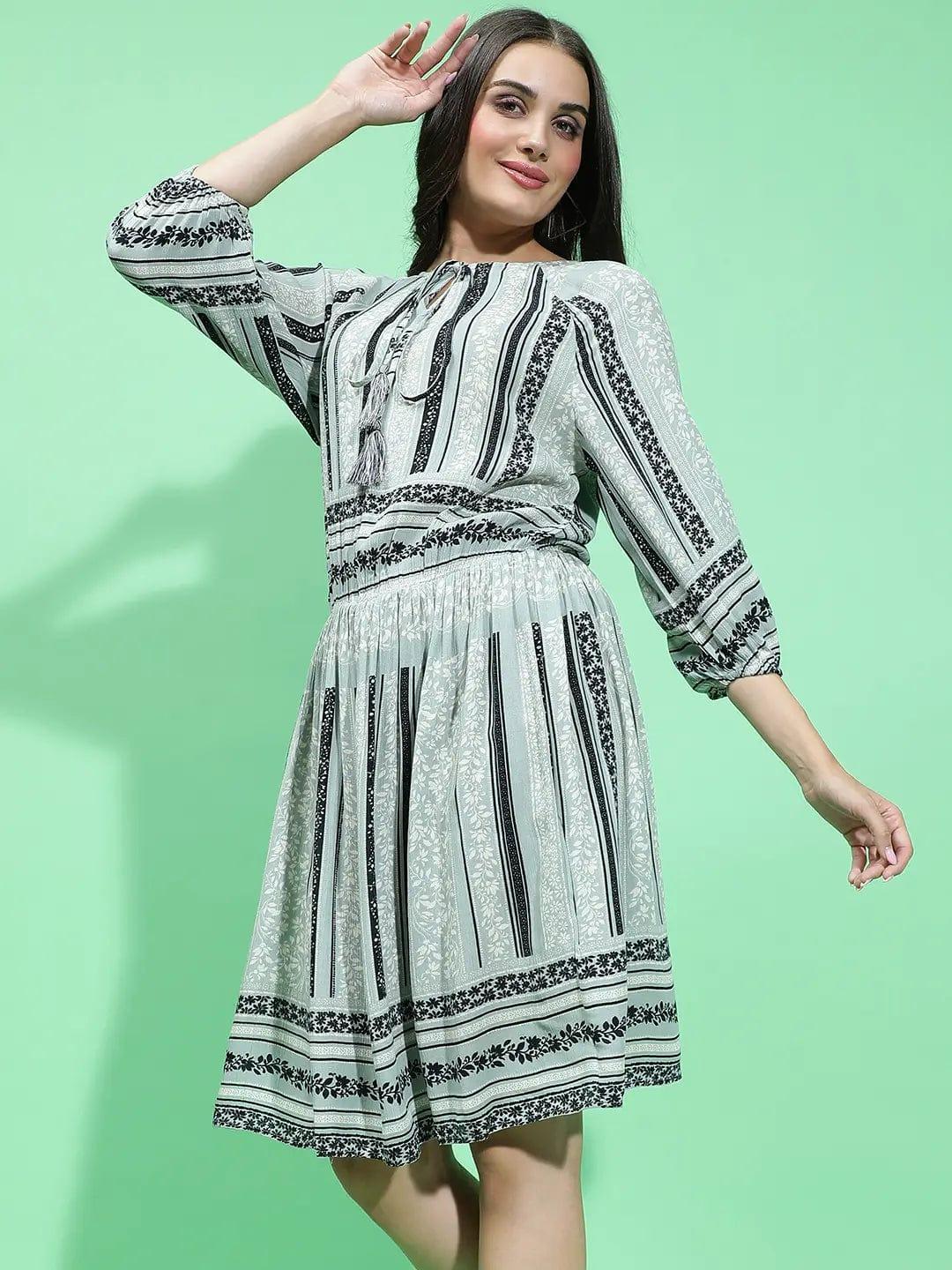 Enrage Grey Printed Long Sleeve Elasticated Dress For Women Dress