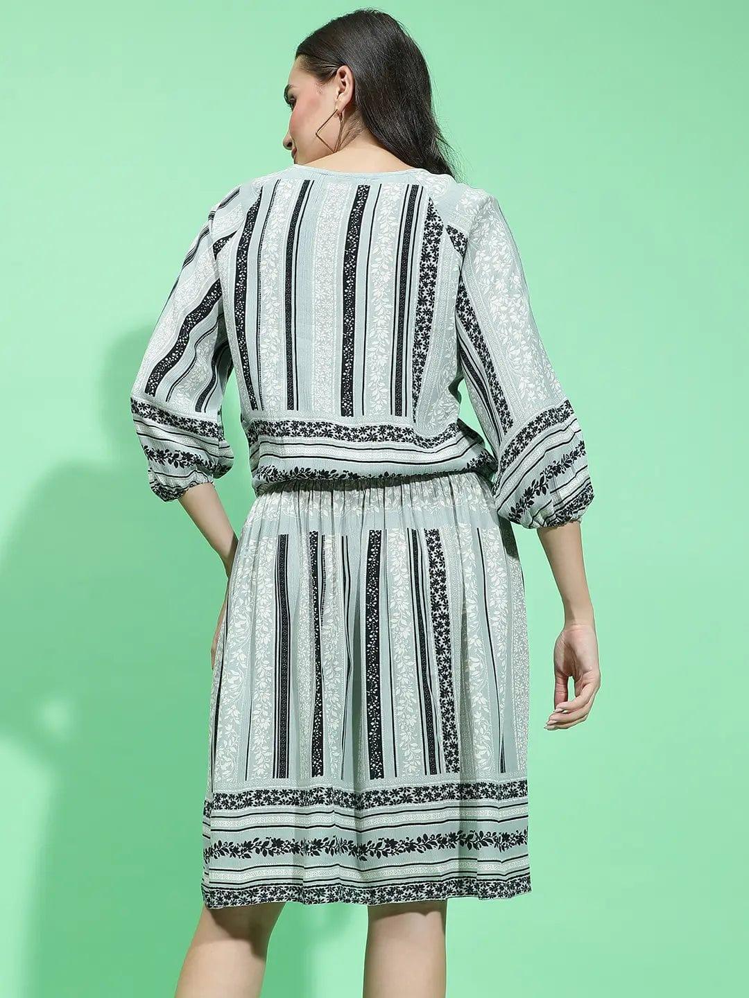 Enrage Grey Printed Long Sleeve Elasticated Dress For Women Dress