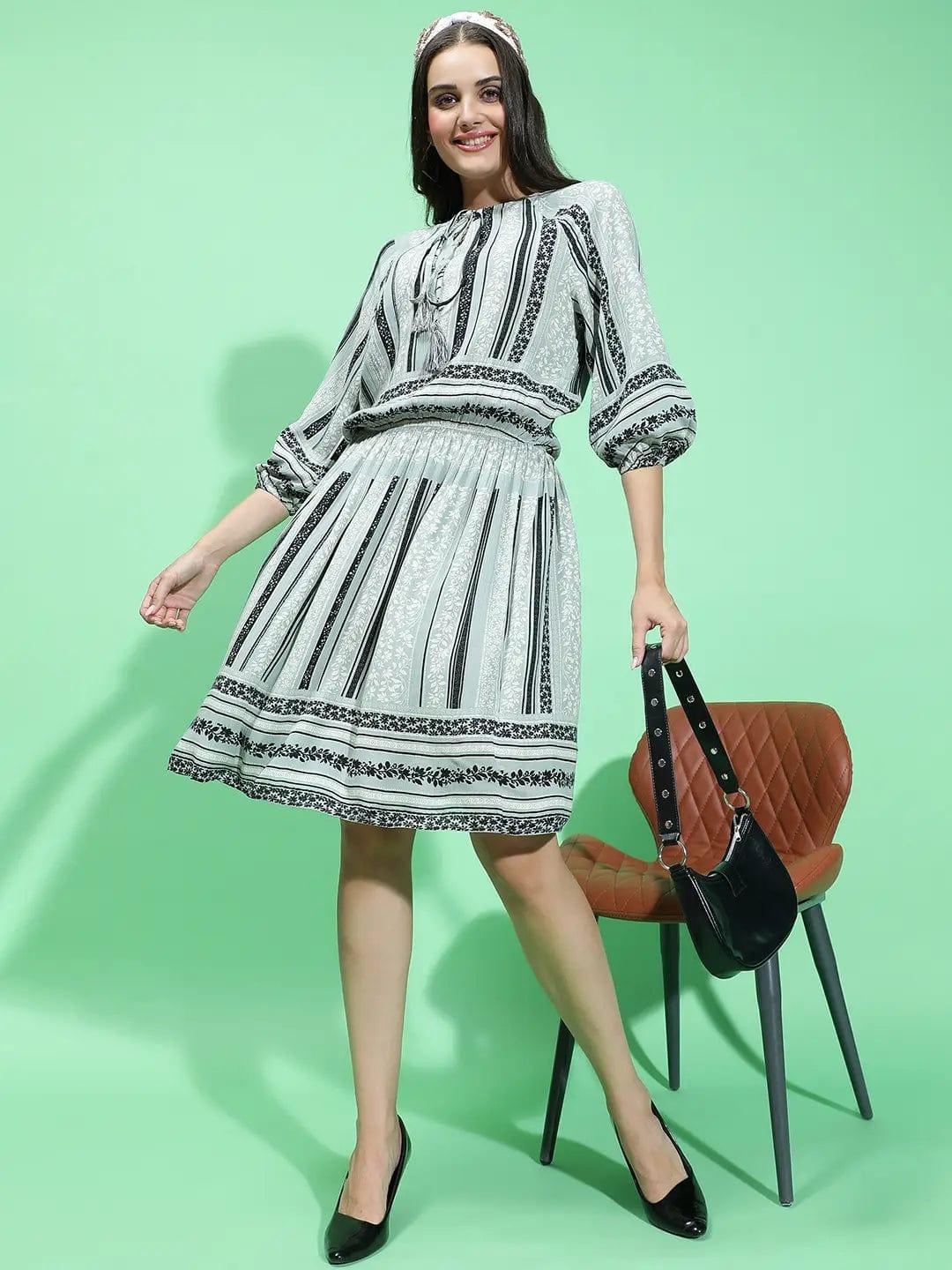 Enrage Grey Printed Long Sleeve Elasticated Dress For Women Dress