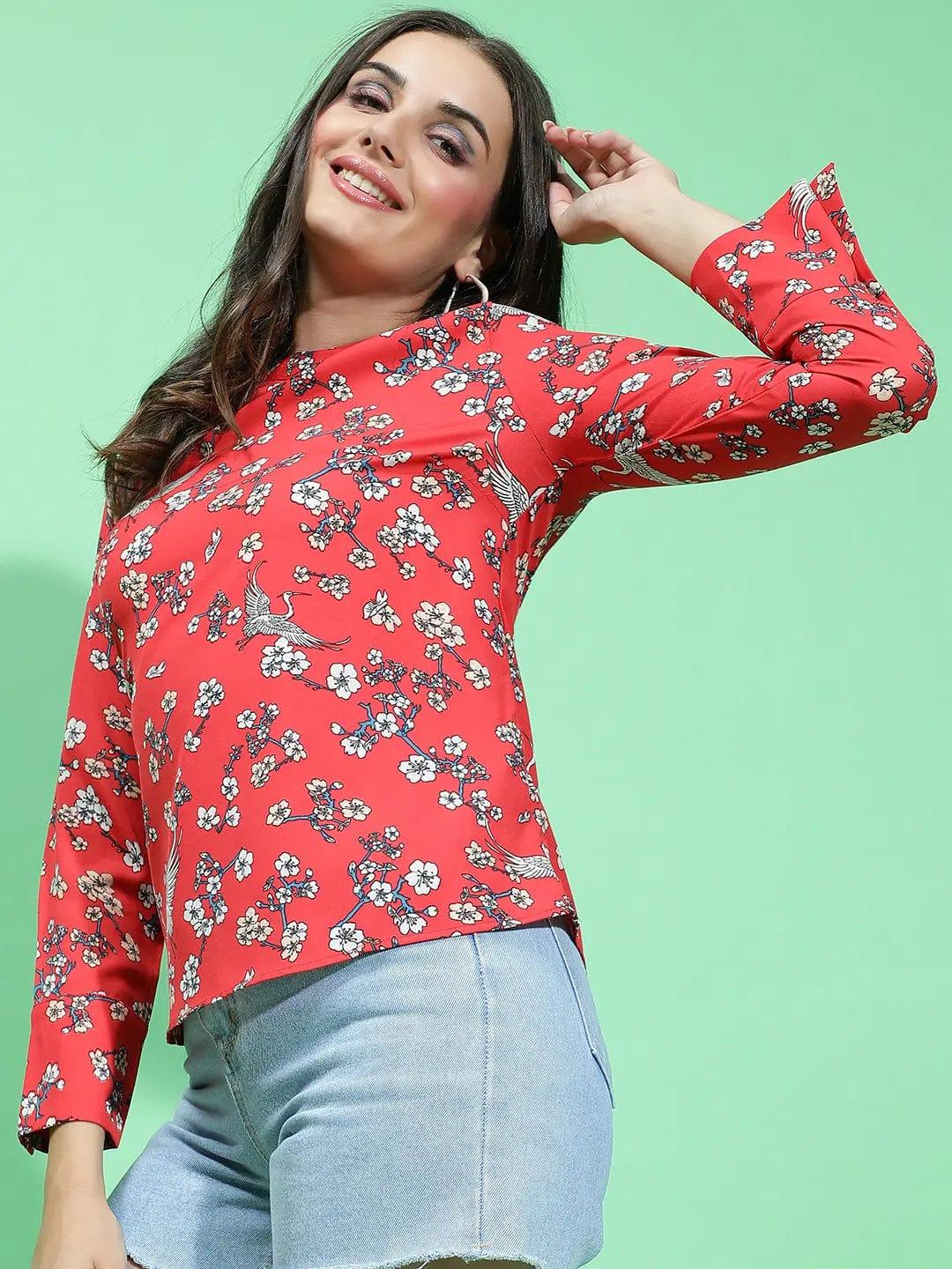 Effortless Red Floral Print Long Sleeve Women Top For You