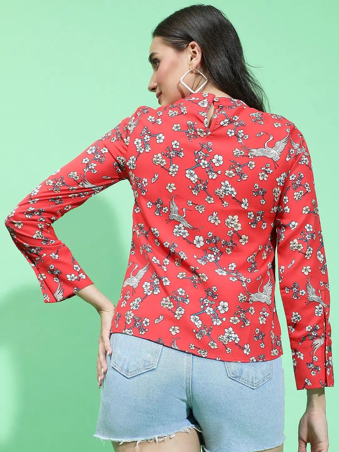 Effortless Red Floral Print Long Sleeve Women Top For You