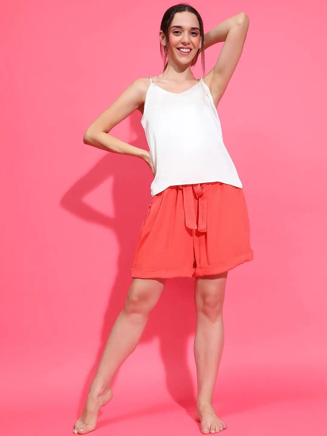 Power Red Elasticated With Tie-Knot Nightwear Plush Shorts For Style