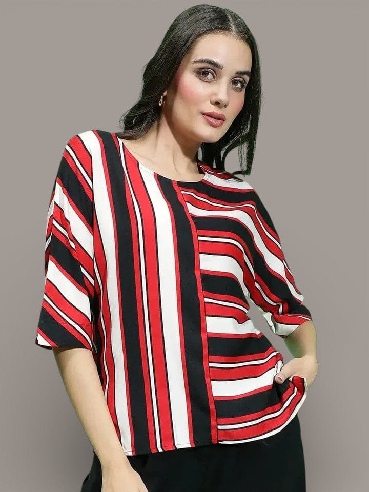 Multicolor Stripe Top - Women's Casual 3/4 Sleeve Round Neck Blouse