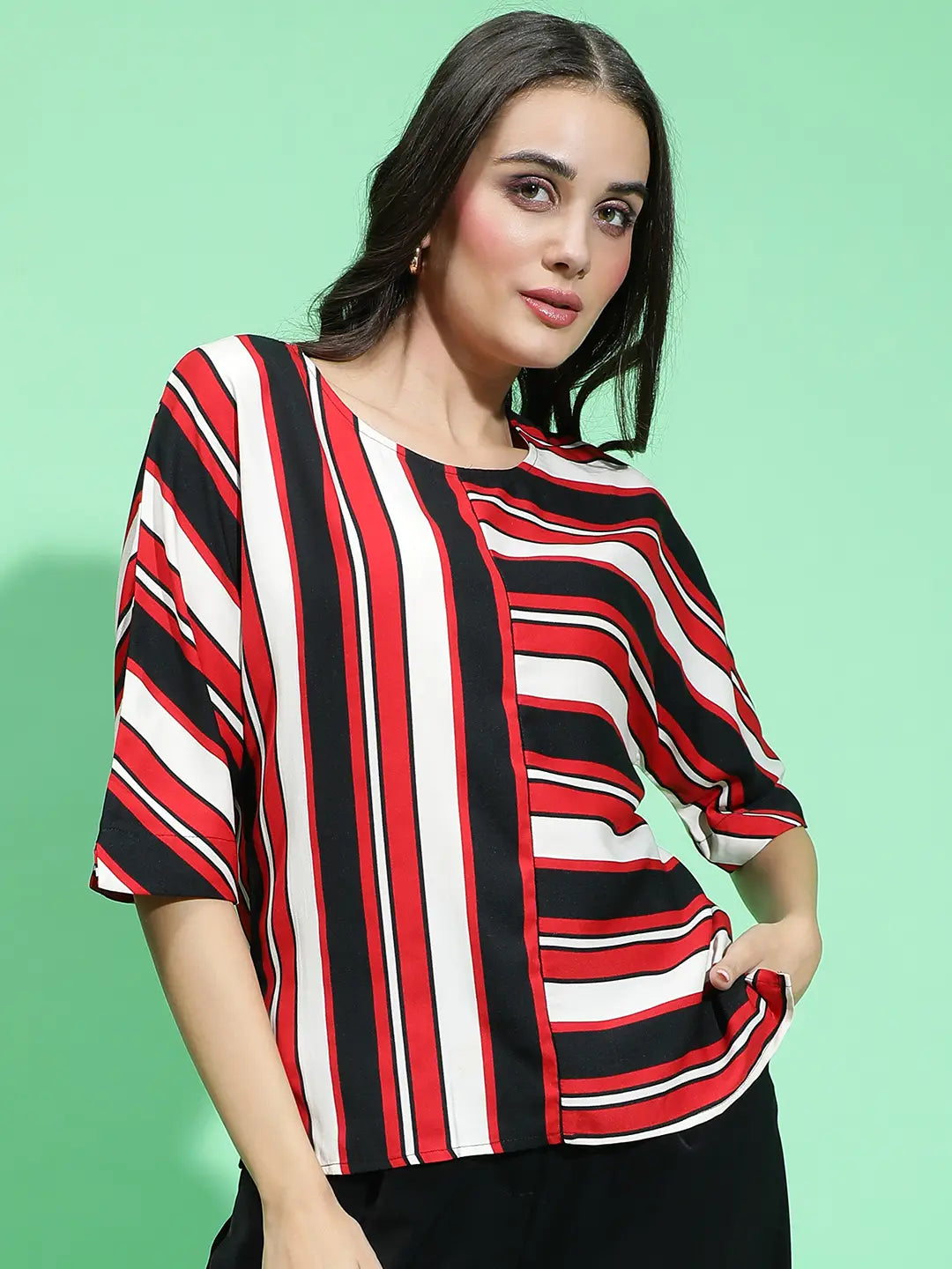 Youngly Multicolor Round Neck 3/4 Sleeve Stripe Print Top