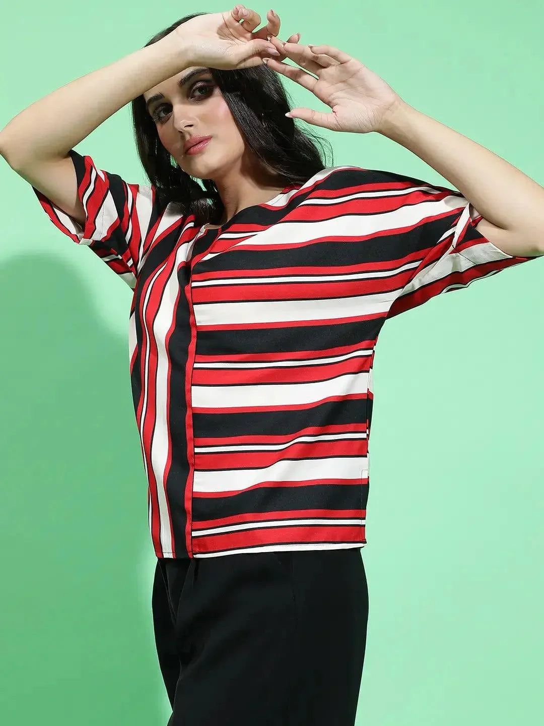 Youngly Multicolor Round Neck 3/4 Sleeve Stripe Print Top - oxolloxo