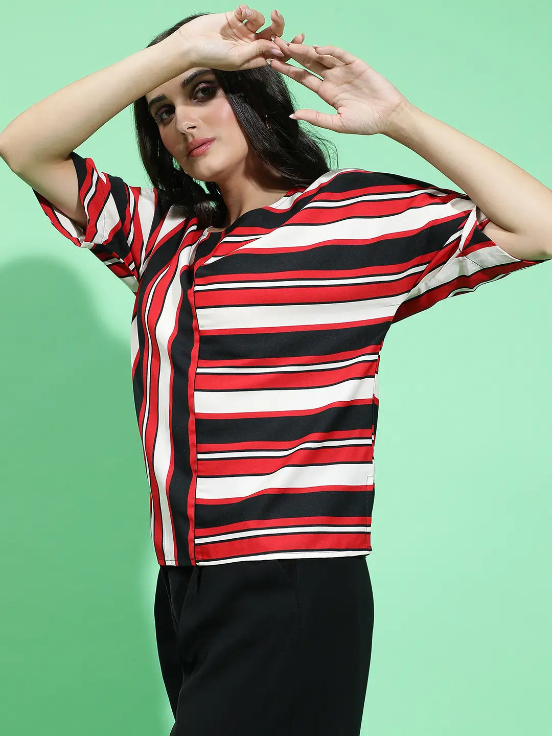 Youngly Multicolor Round Neck 3/4 Sleeve Stripe Print Top