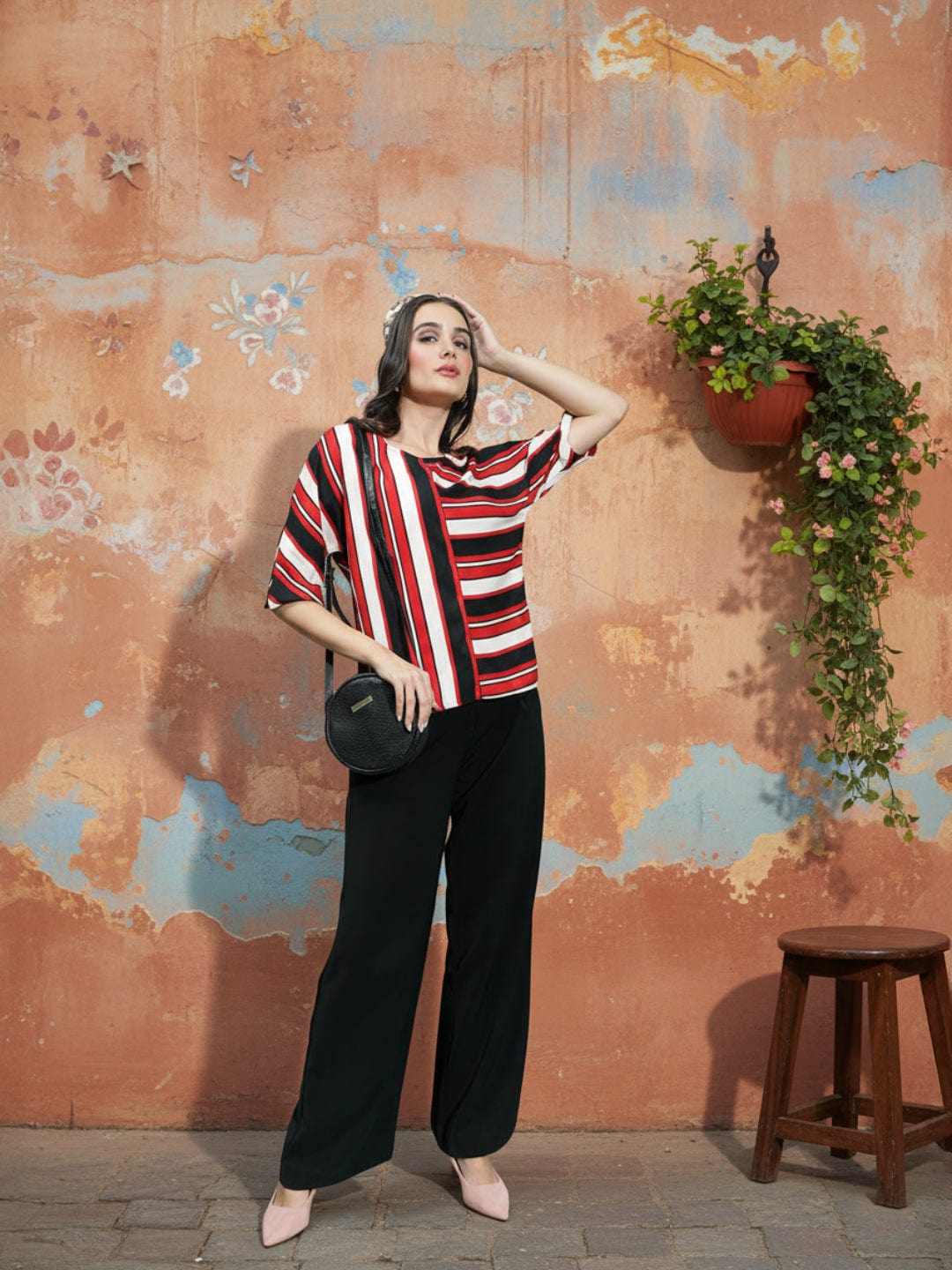 Youngly Multicolor Round Neck 3/4 Sleeve Stripe Print Top