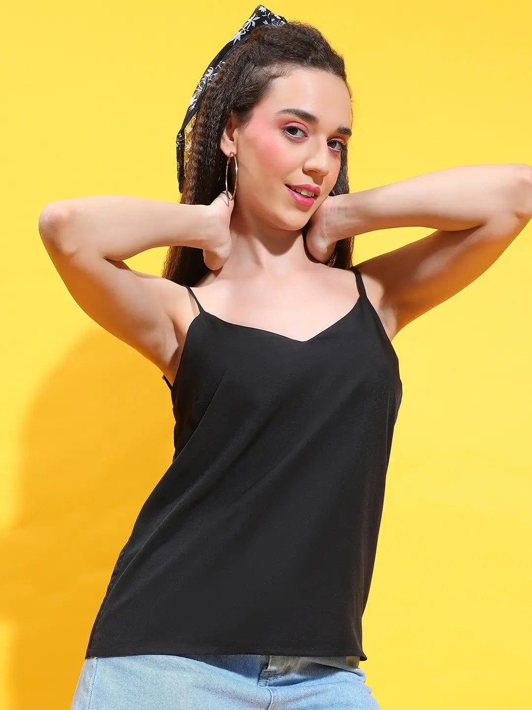 Spiffy Black V-Neck Sleeveless Strappy Women Top For You