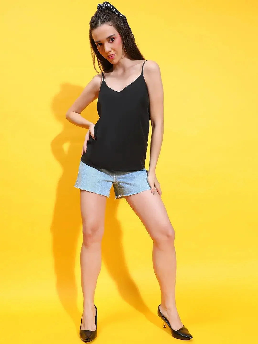 Spiffy Black V-Neck Sleeveless Strappy Women Top For You - oxolloxo