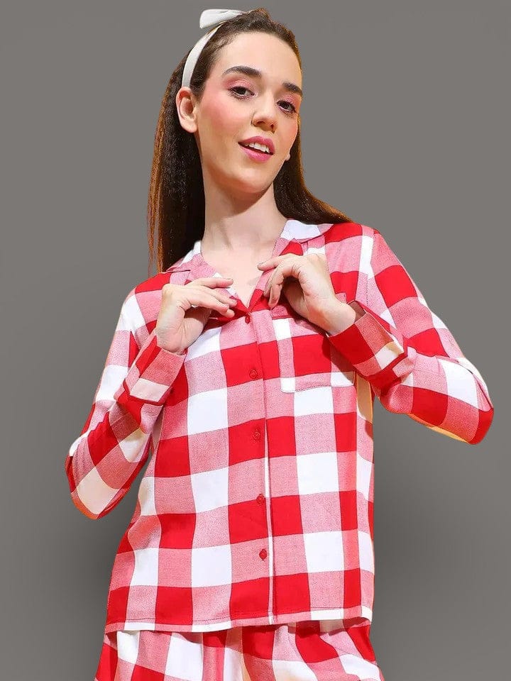 Modern Red Long Sleeve Nightwear Women Relaxed Shirts For Comfort
