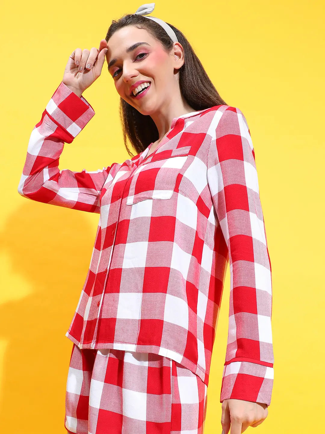 Modern Red Long Sleeve Nightwear Women Shirt For Comfort