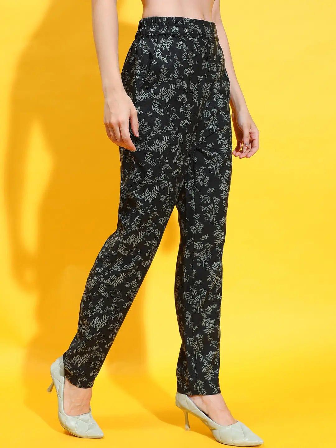 Black Color Floral Print Elasticated Women Trousers For Comfort