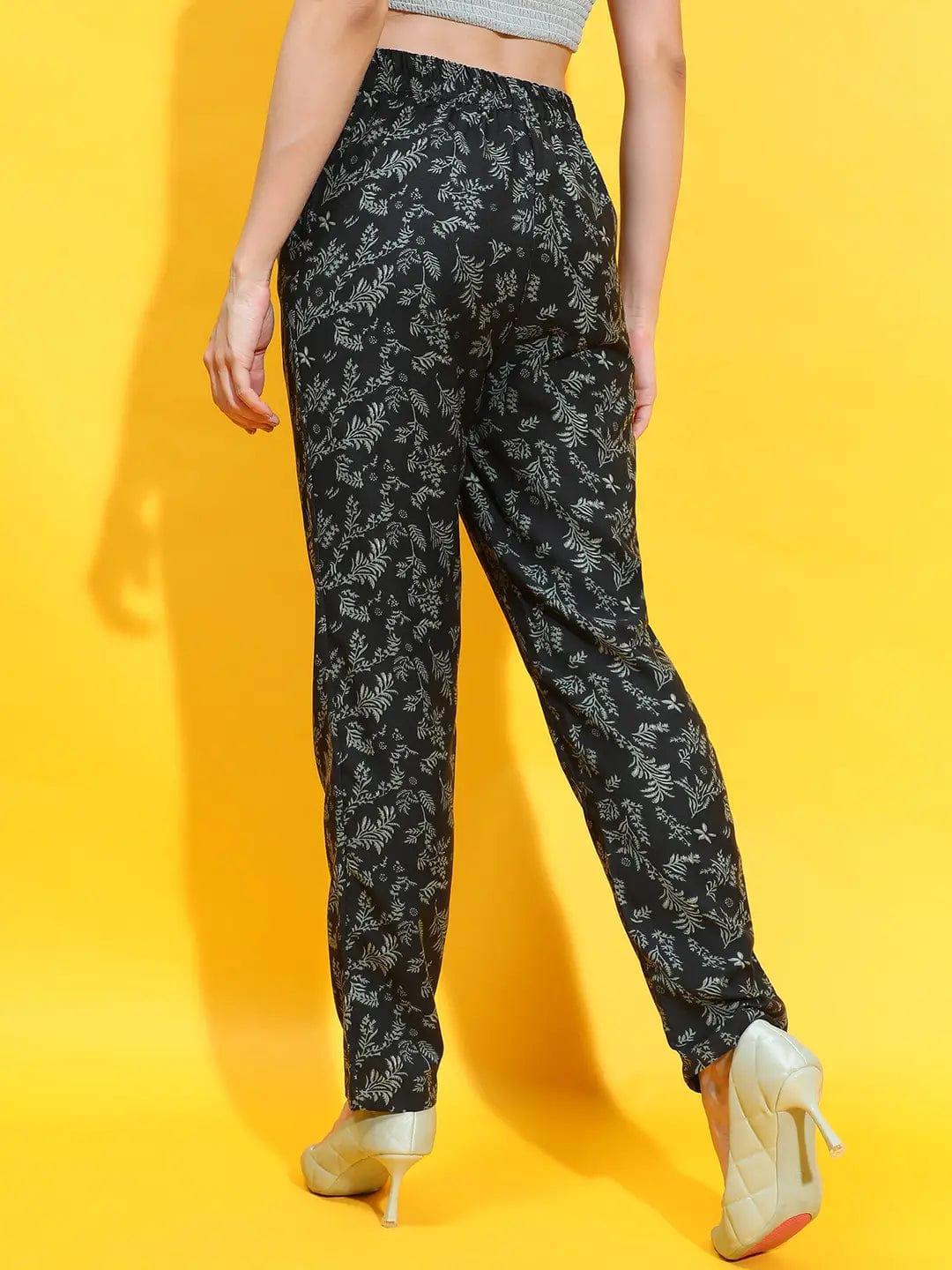 Black Color Floral Print Elasticated Women Trousers For Comfort