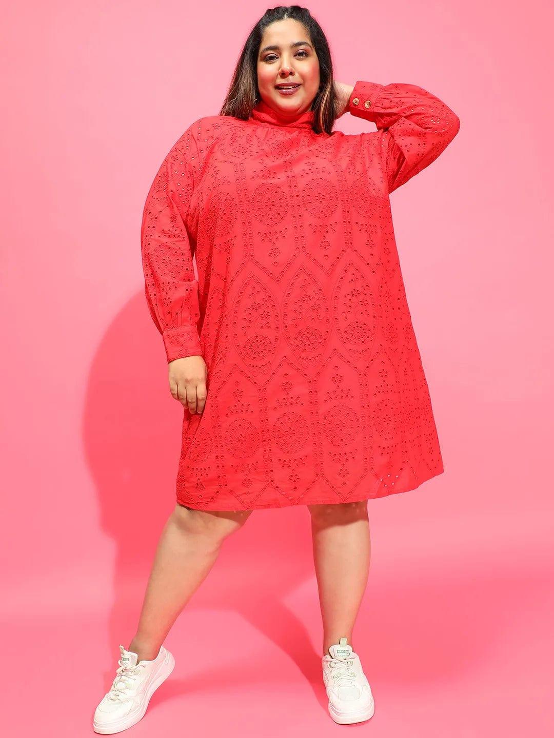 Cardinal Red Long Sleeve Laced Up Women Plus Size Curvy Dress