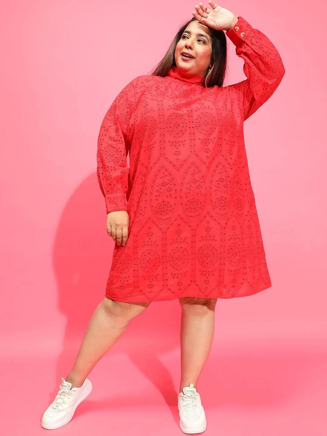 Cardinal Red Long Sleeve Laced Up Women Plus Size Curvy Dress