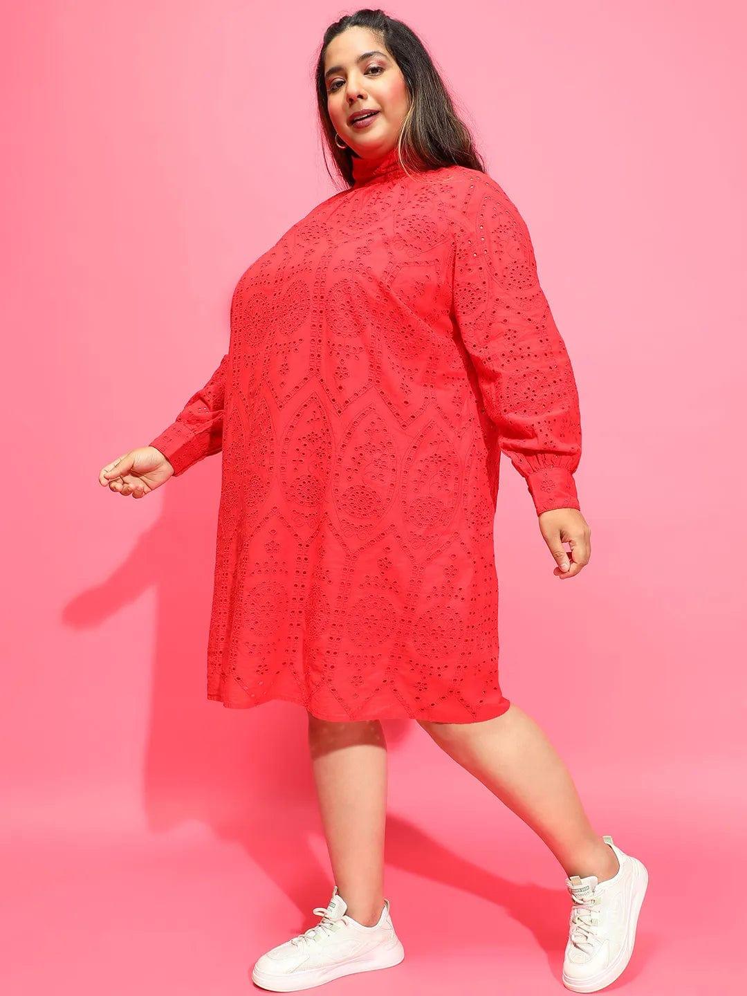 Cardinal Red Long Sleeve Laced Up Women Plus Size Curvy Dress